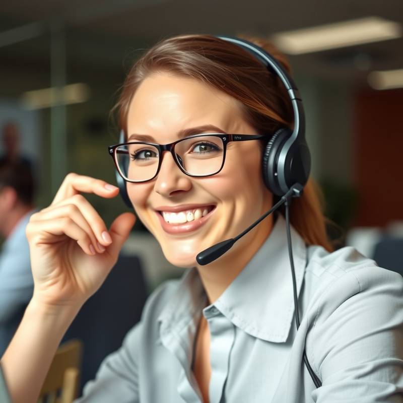 Een vrolijke medewerker van De Zingende Stem die de telefoon opneemt om een klant te woord te staan, met een glimlach en een headset.