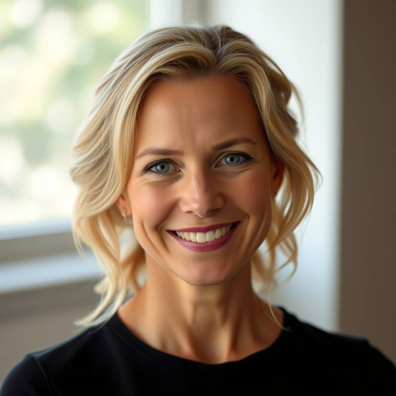 Portret van Anna de Vries, een vriendelijk ogende vrouw met blond haar, lachend naar de camera. Ze is een sopraan en de oprichtster van De Zingende Stem.